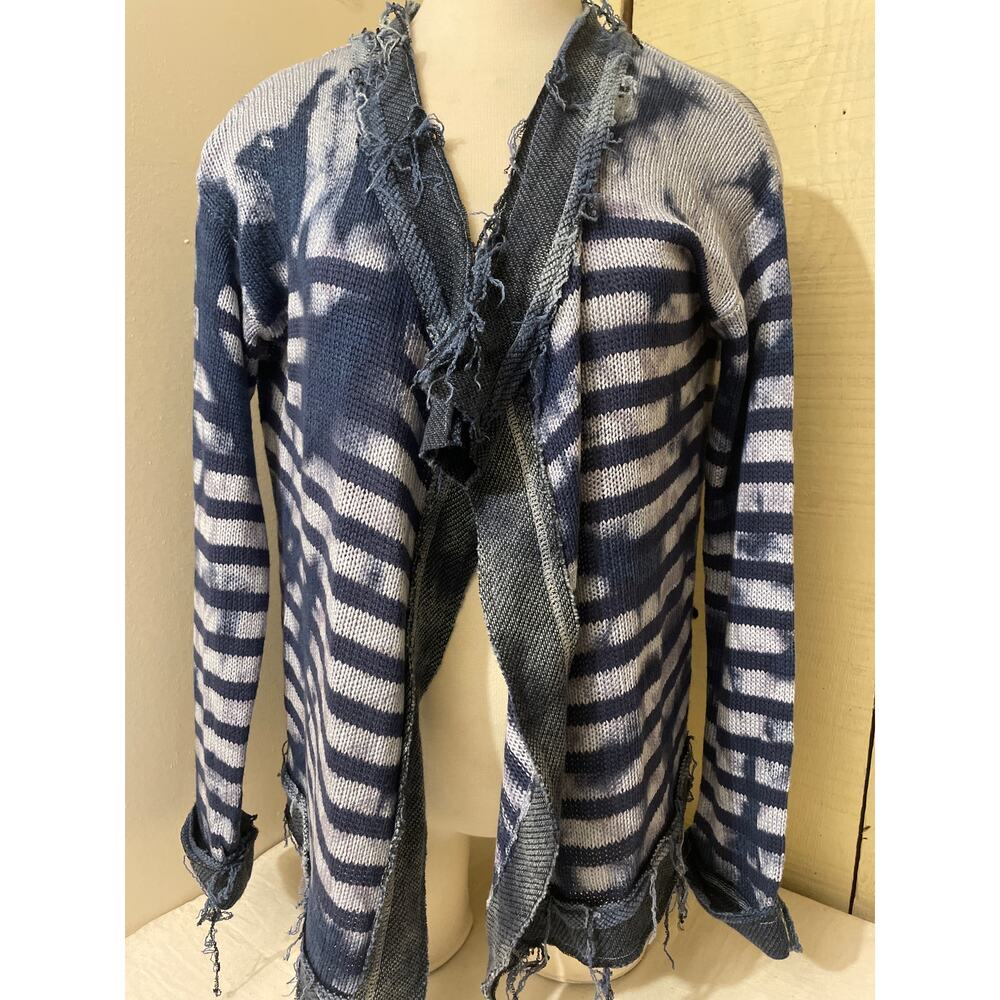 Love Crazy Women's Size Large Open Front Sweater‎ Cardigan Indigo Blue Raw Edges
